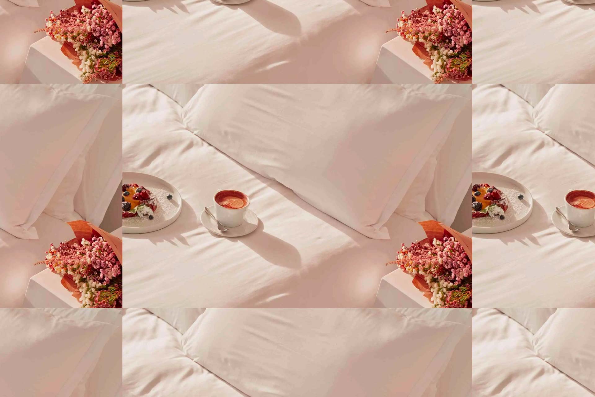 Repeating image of coffee, breakfast dish, and bouquet of flowers on a white bed