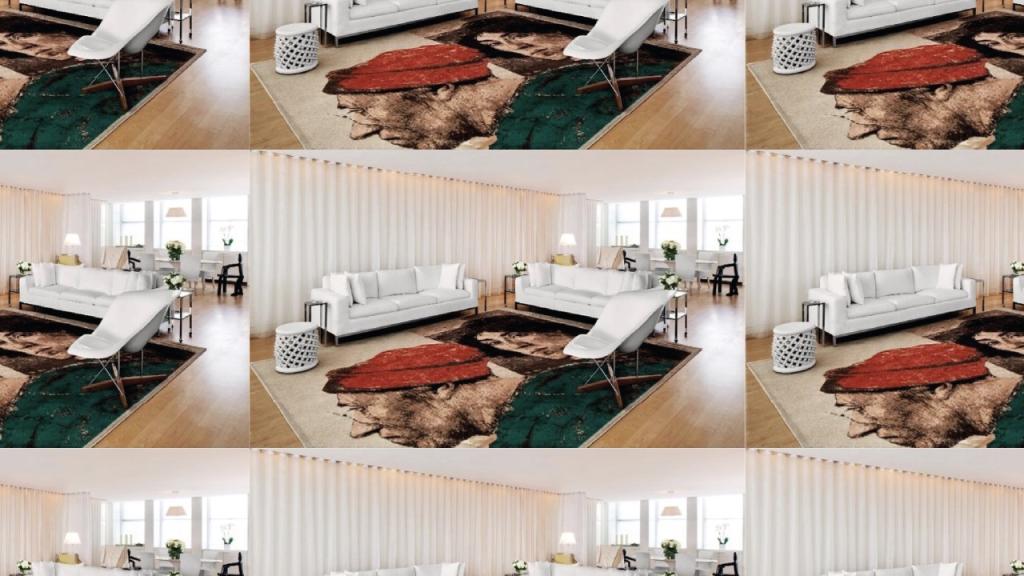 Repeating image of white sofas in living room space with portrait rug, white lounge chair, and white curtains