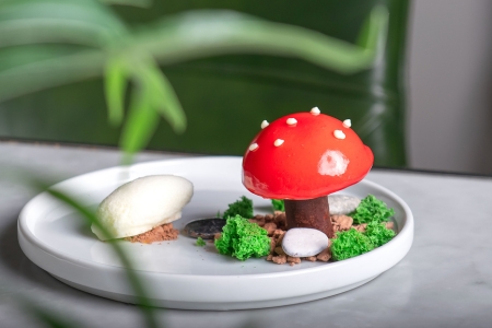 Red mushroom cap dessert on a white plate