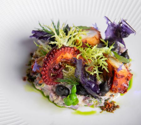 Octopus with greens on a white plate