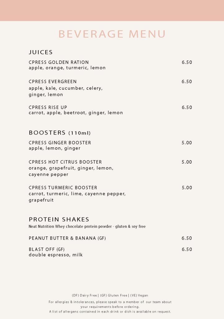 EllaMia Beverage Menu Page 1