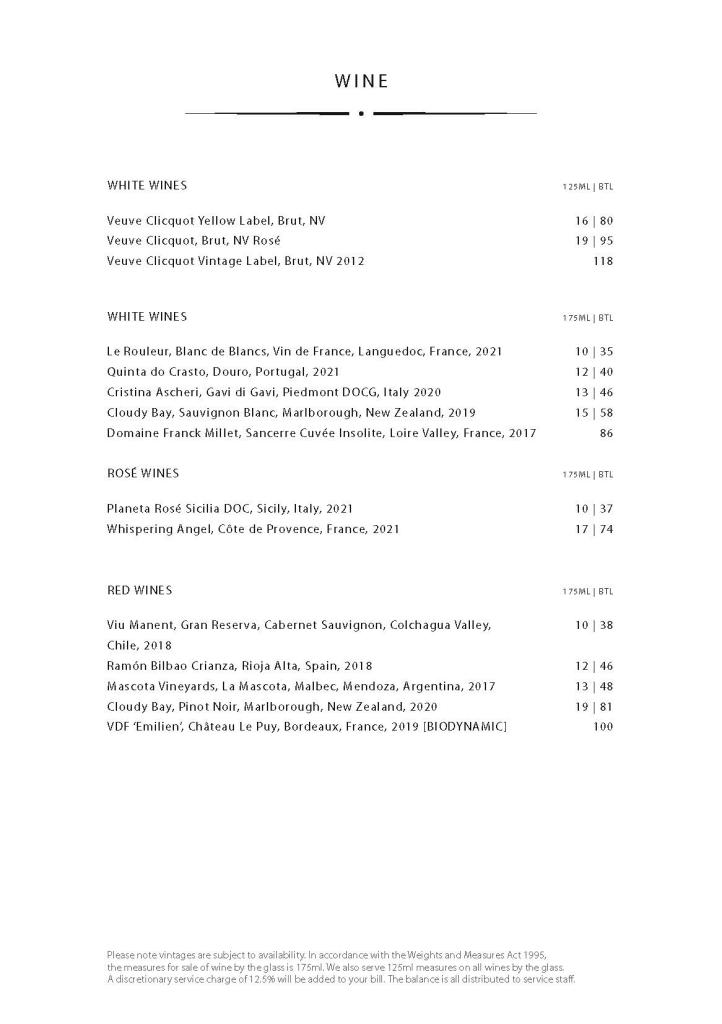 List of drinks on menu page