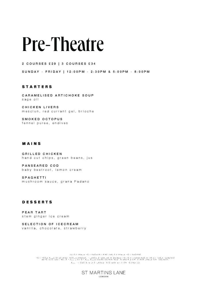 Pre-Theatre Menu page for The Restaurant at St Martins Lane