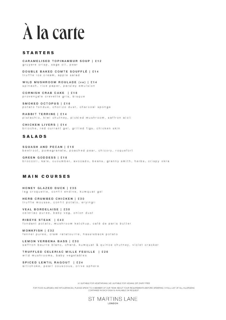 A la carte menu page for The Restaurant at St Martins Lane