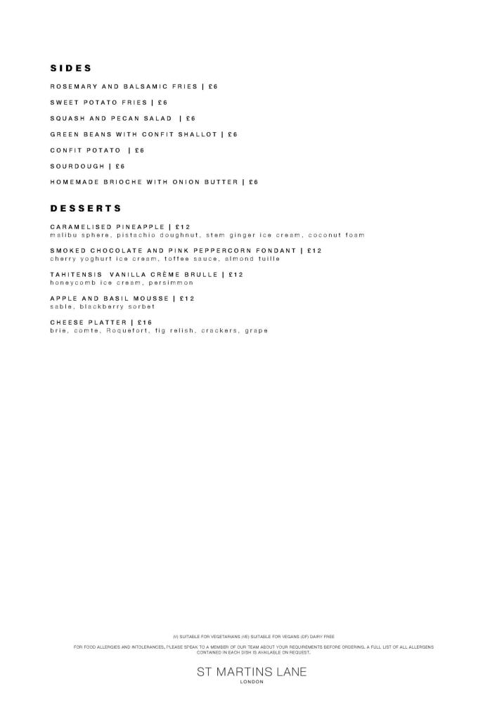 A la carte menu page for The Restaurant at St Martins Lane