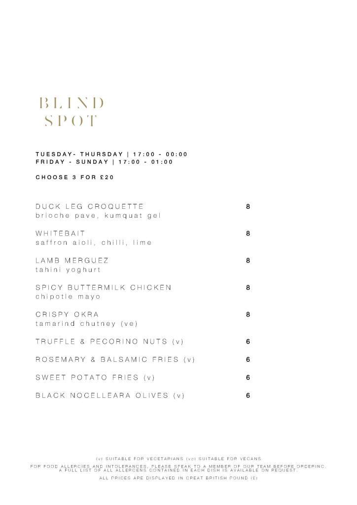 Blind Spot Food Menu page