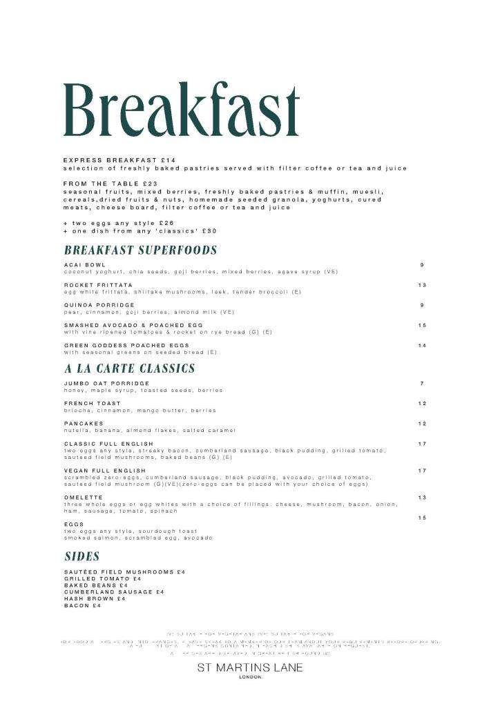 Breakfast Menu at the Restaurant at St Martins Lane