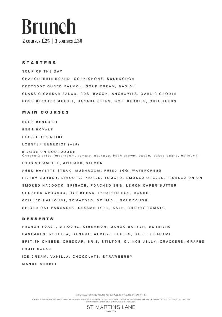 Brunch menu at The Restaurant at St Martins Lane