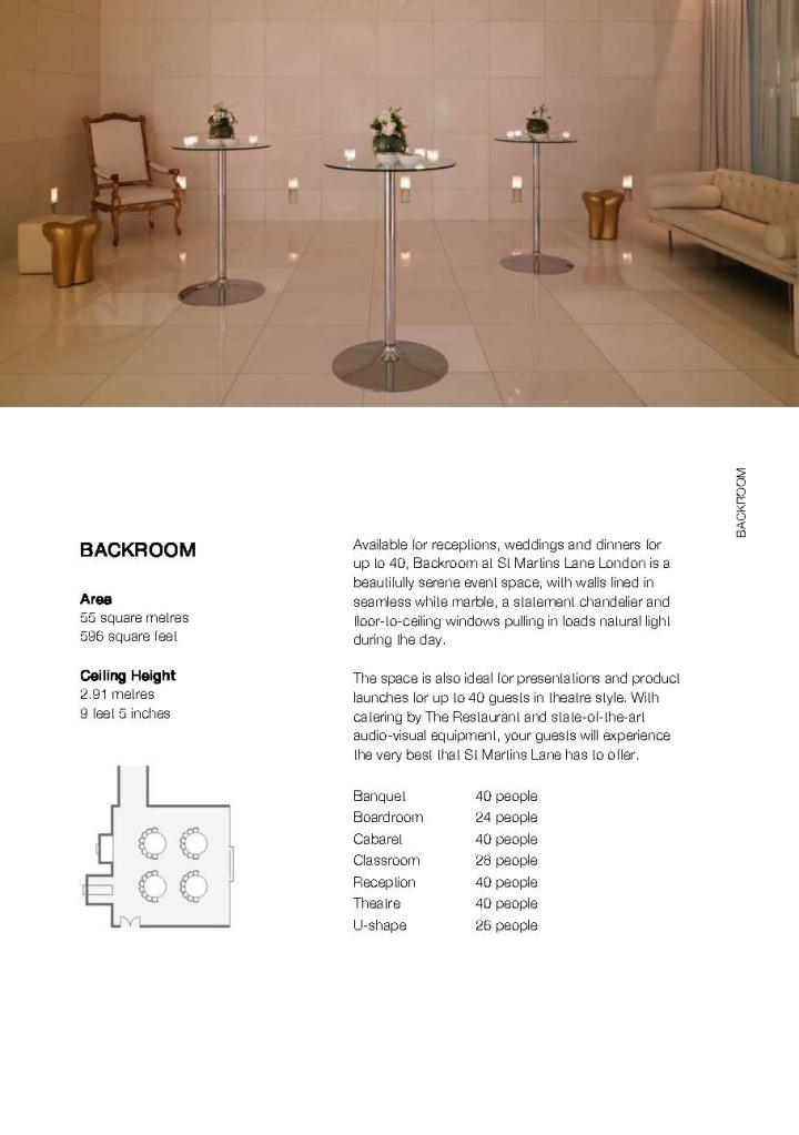 Brochure page with specs of boardroom and image of small tables with candles on it and lounge seating in the back