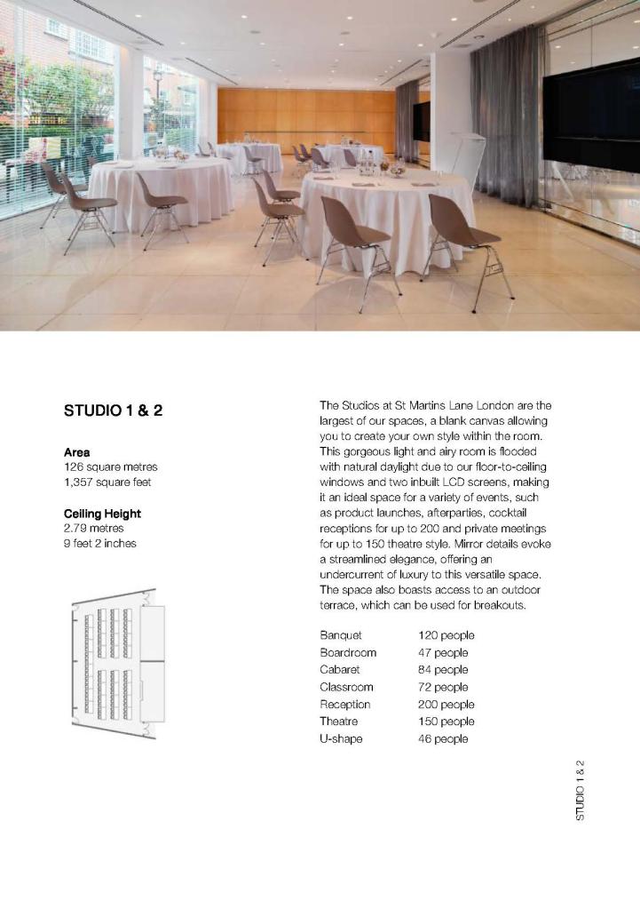 Brochure page with text and specs of event space and image of white table clothe round tables and chairs facing a large screen