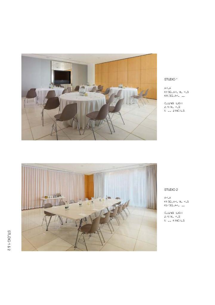 Brochure page with two images, one of round tables with white tablecloths and charis facing a large screen, and one image of a rectangular image with chairs surrounding it and white curtains