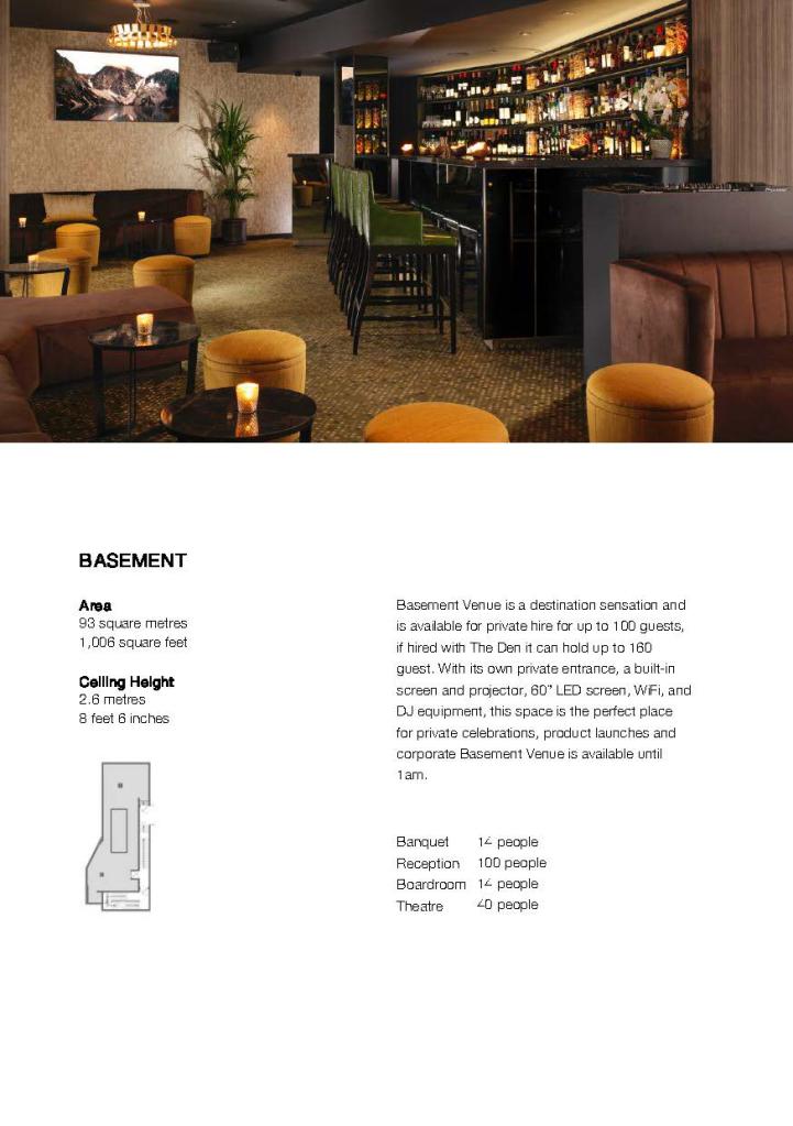 Brochure page with image on top of dark room with bar, yellow stools, small wooden tables with candles on them and text at the bottom