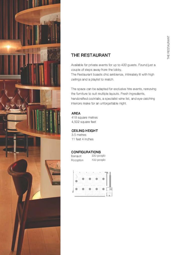 Brochure page with text on the right and image of a restaurant with chair and bookcase on the left