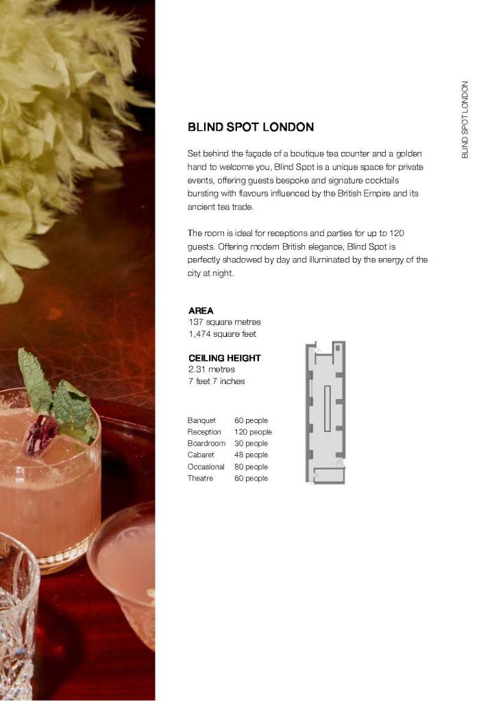 Brochure page with text on the right and image of cocktail on a wooden table on the left