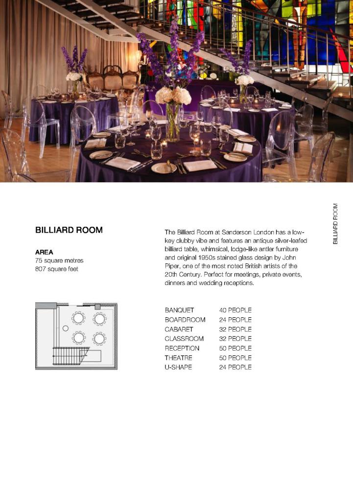 White brochure page with image of purple round tables with flowers, glassware, and utensils on the tables