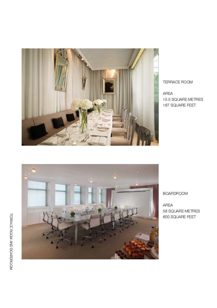 White brochure page with image of large rectangular table with flowers and banquette seat on top and bottom image of boardroom with large table and desk chairs