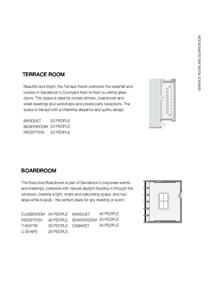 White brochure page with graphic of terrace room and board room
