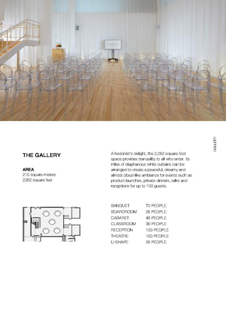 White brochure page with seating chart graphic on bottom and image of clear chairs in rows facing a screen at the top