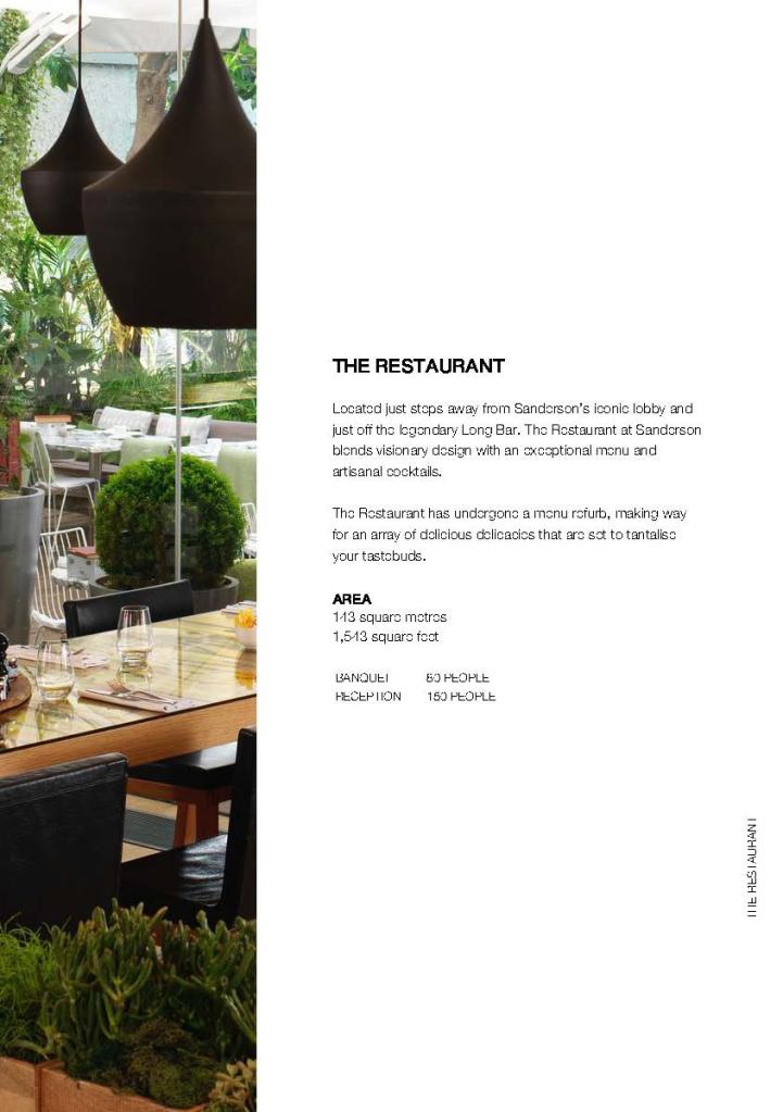 White brochure page with text on right and image on left showing restaurant space with black pendant lights and light brown wood table and black chairs and plants