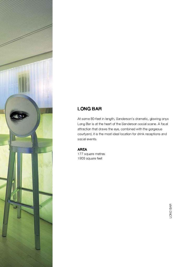 White brochure page with text on the right and image on the left of a tall white barstool with eye printed on the back