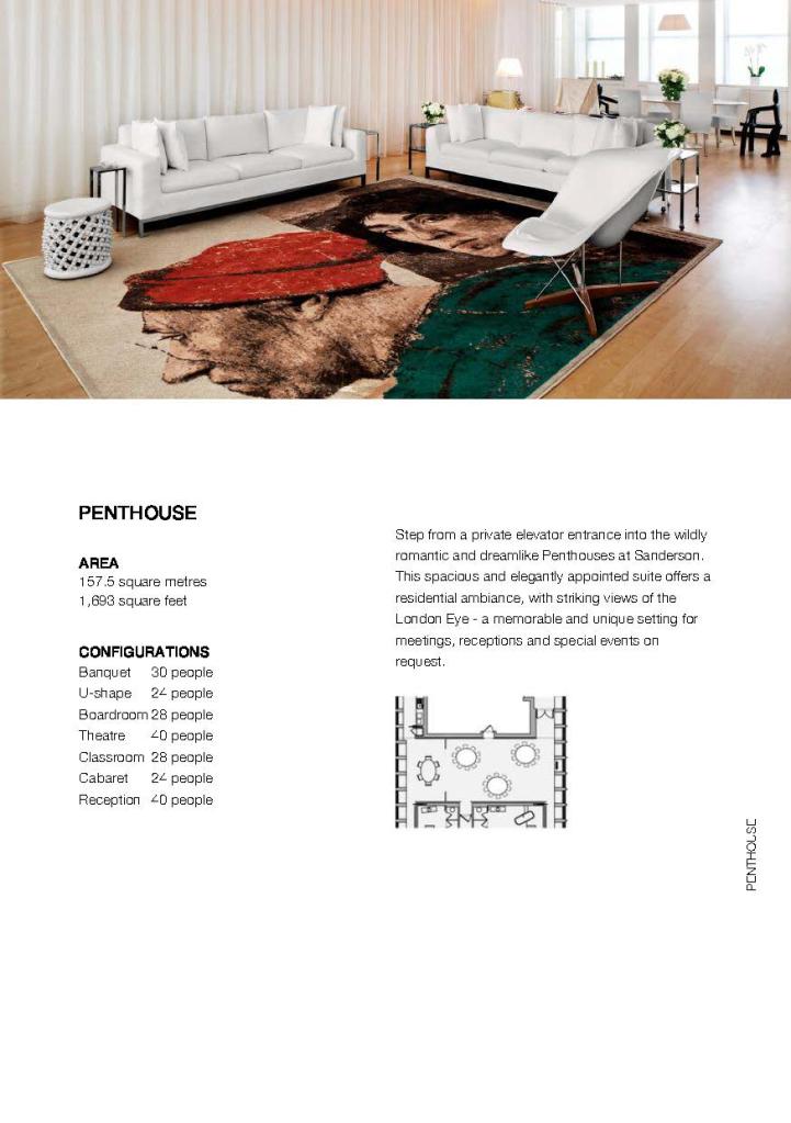 White brochure page with text on bottom and image on top of large living room with white sofas, white chair, and rug with faces on it