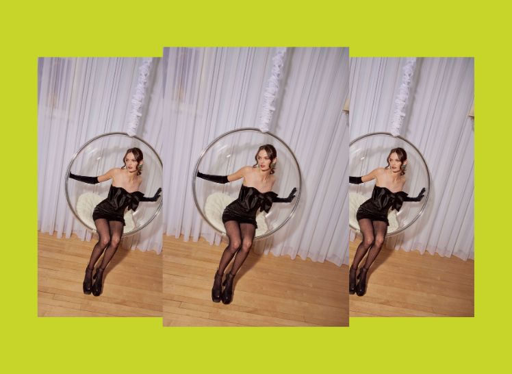 Repeating image of woman in black dress sitting in a clear bubble chair on a neon green background