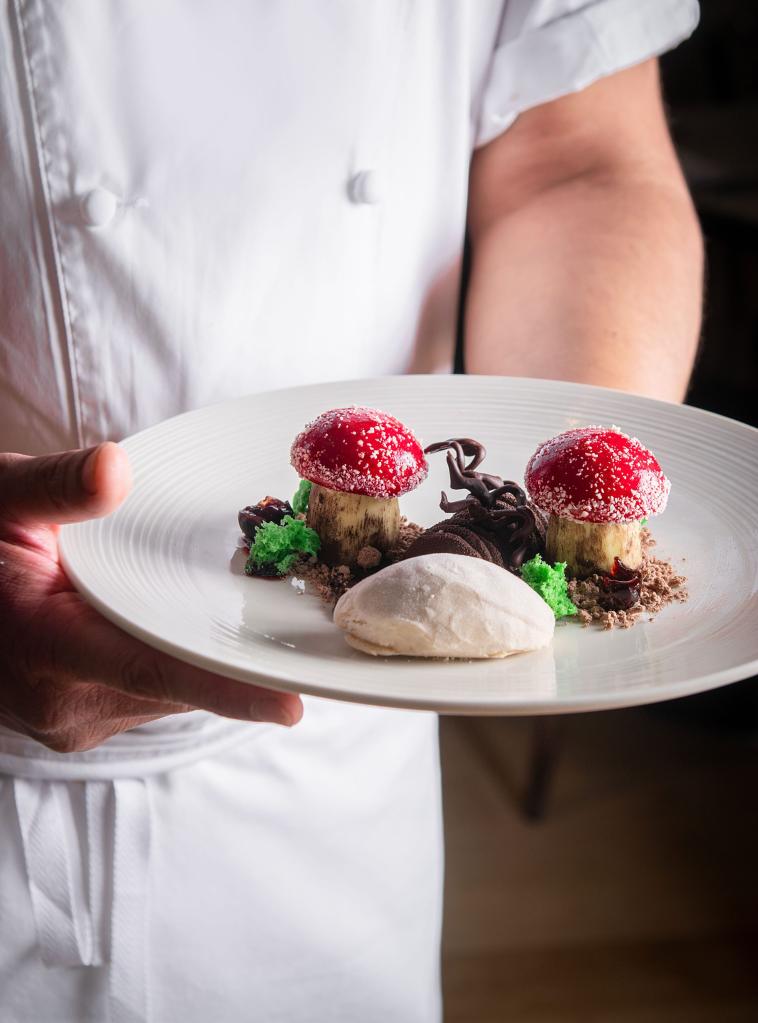 Dulcey Mushroom dessert. A La Carte menu for Autumn and Winter at St Martins Lane London. The Restaurant in Covent Garden.