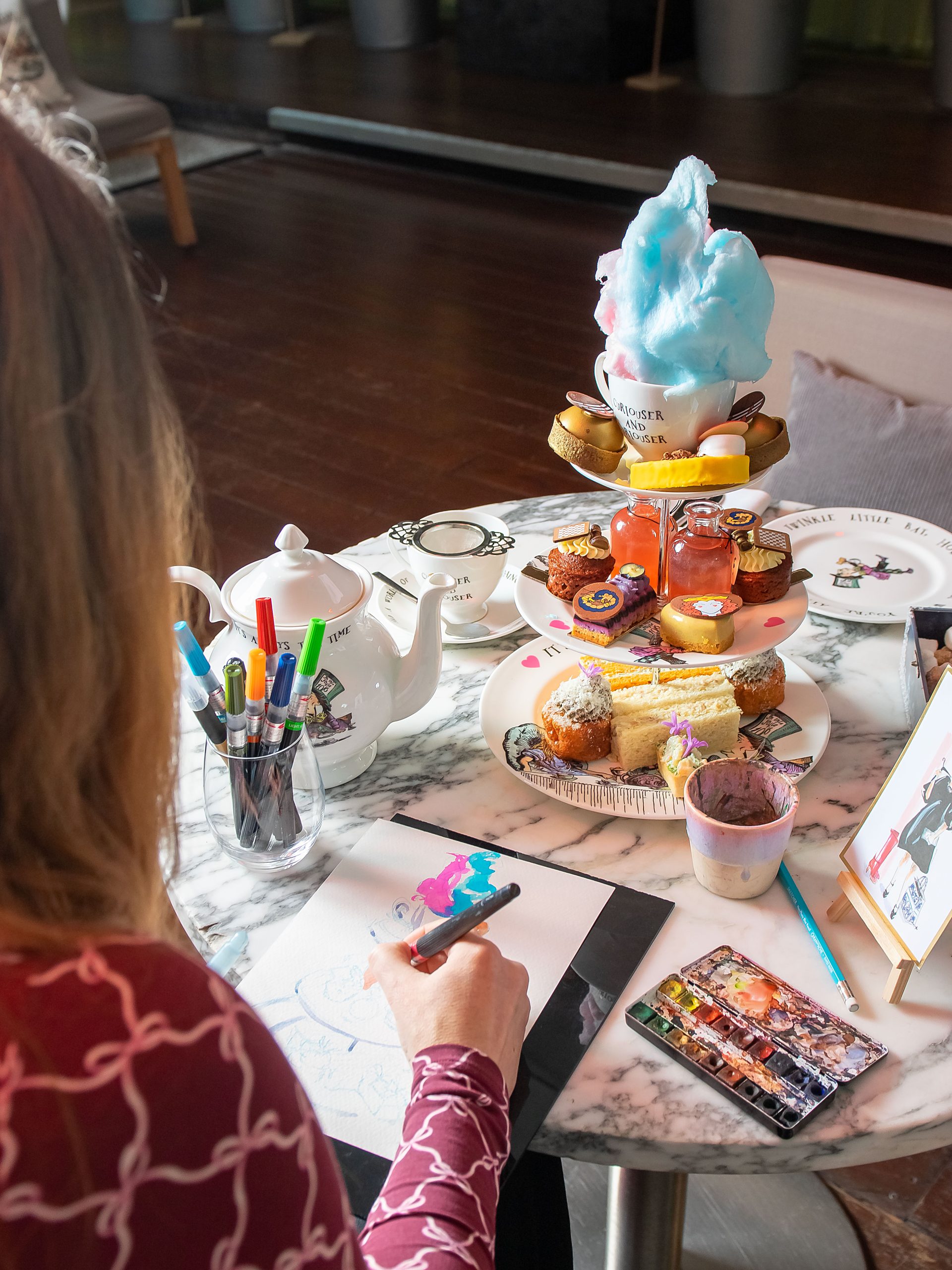 Mad Hatters Afternoon Tea with Jo Bird. Illustration of the afternoon tea. Artwork of the afternoon tea. Easter special day.