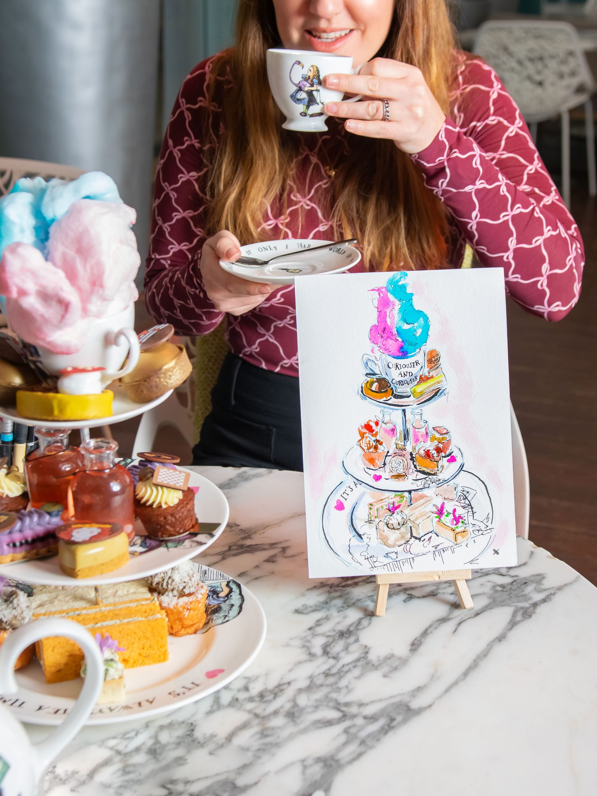 Mad Hatters Afternoon Tea with Jo Bird. Illustration of the afternoon tea. Artwork of the afternoon tea. Easter special day.