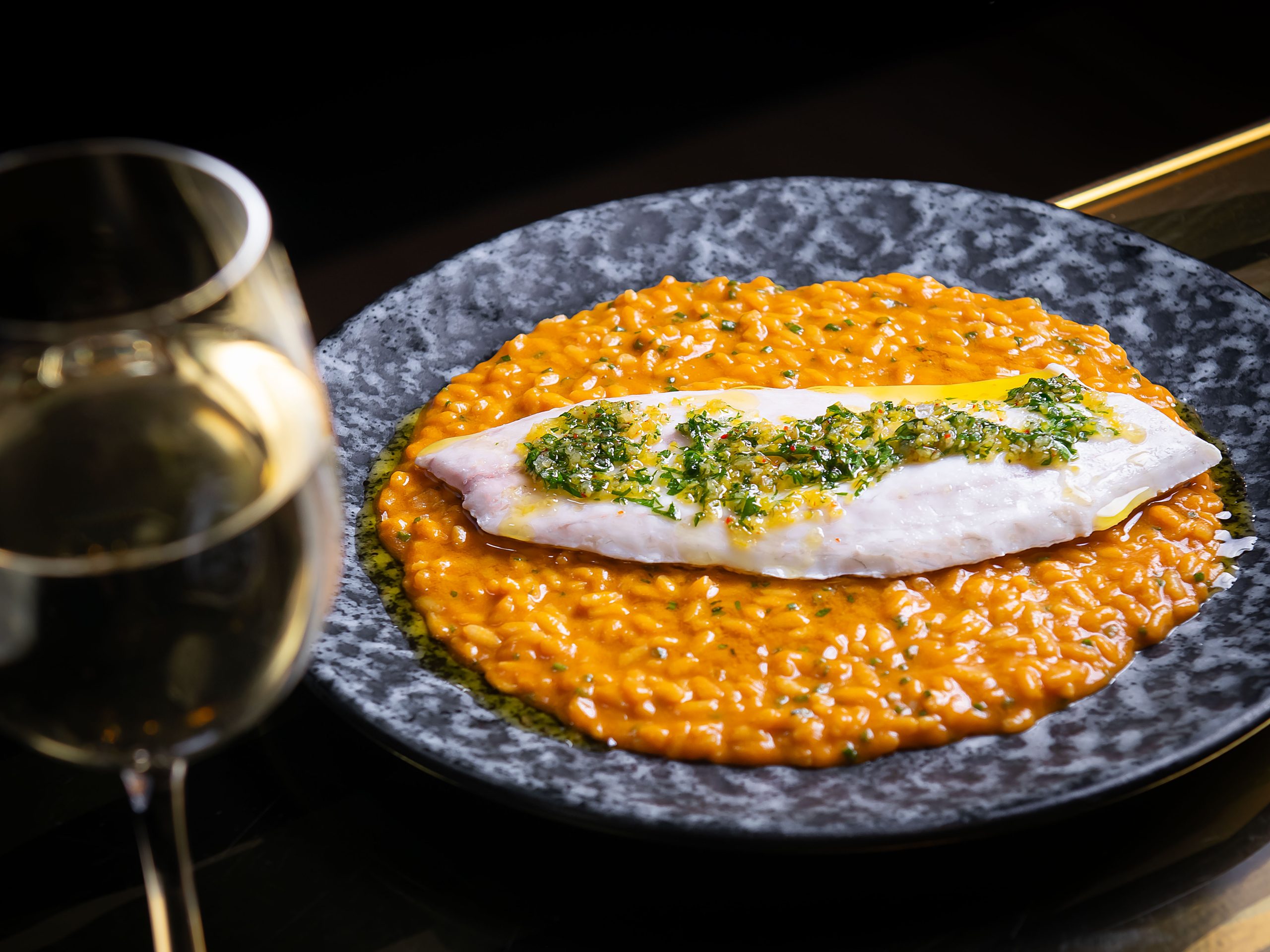 Sea Bass Risotto with Saffron. A La Carte menu at The Restaurant.