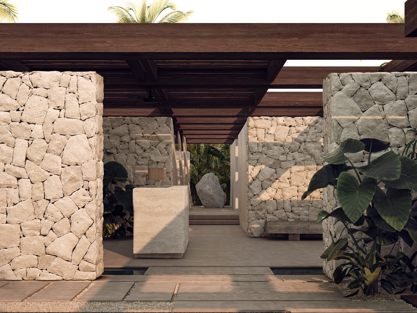 Render of the reception of the Health Club at Luura Paros Cliff
