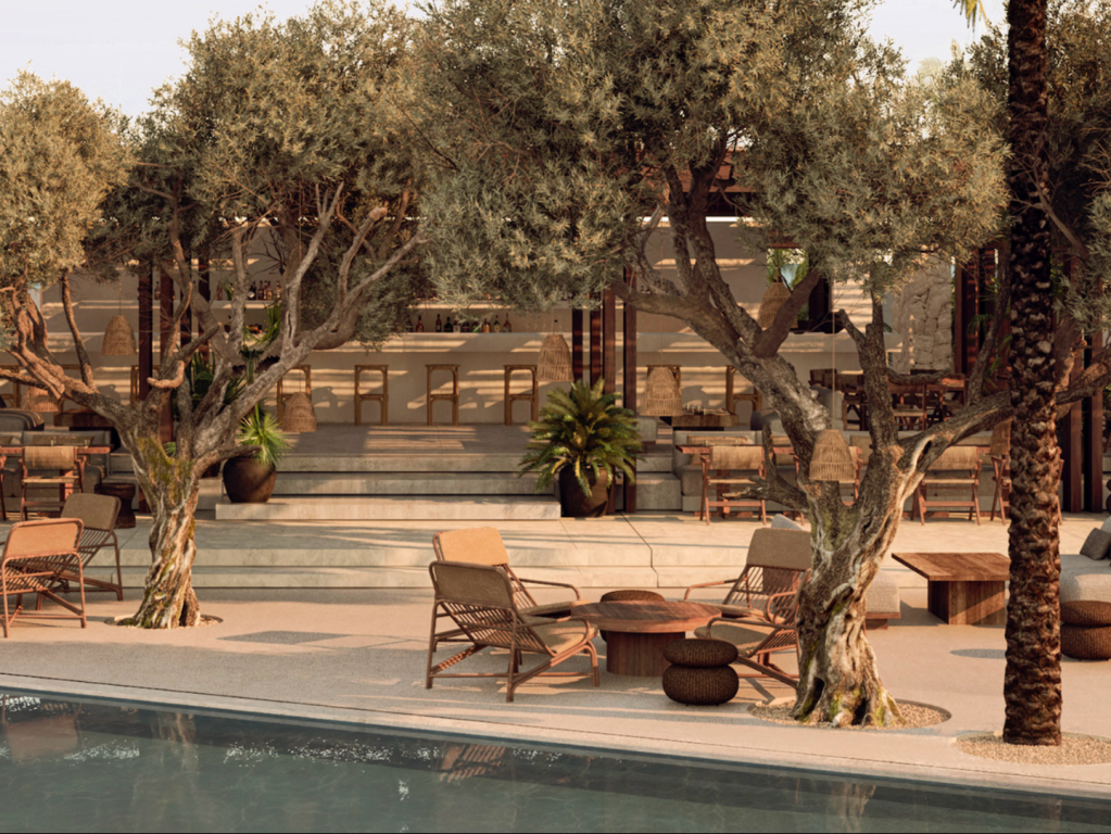 Render of the swimming pool at Luura Paros Cliff with wooden style chairs and trees around