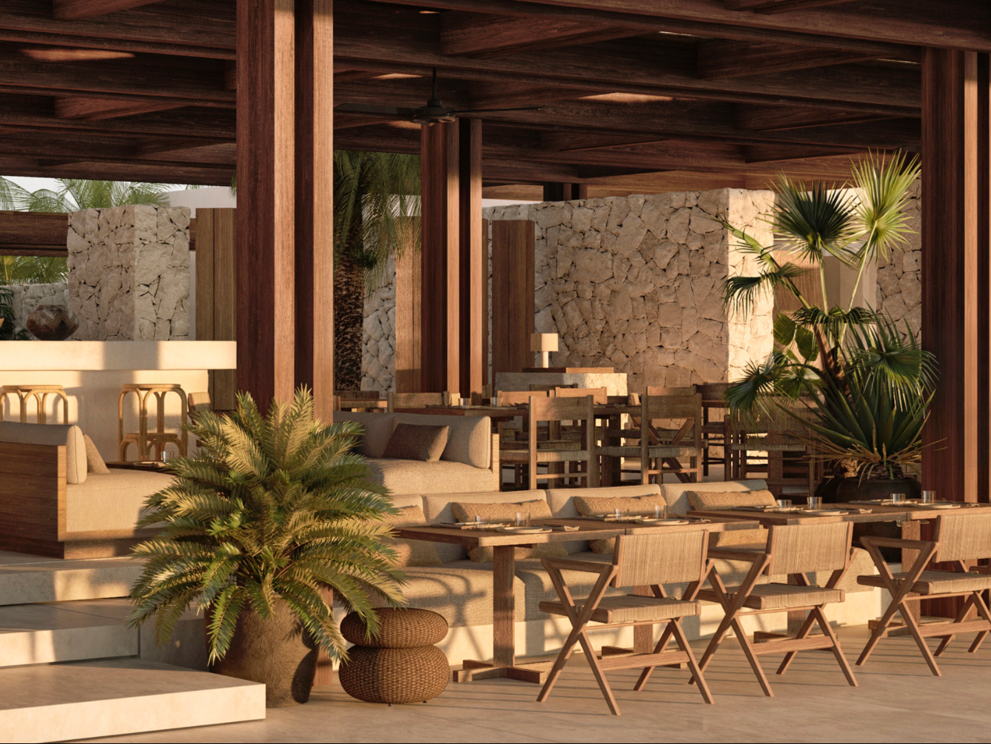 Render of La Cantine restaurant at Luura Paros cliff with chairs and a table under a wooden structure