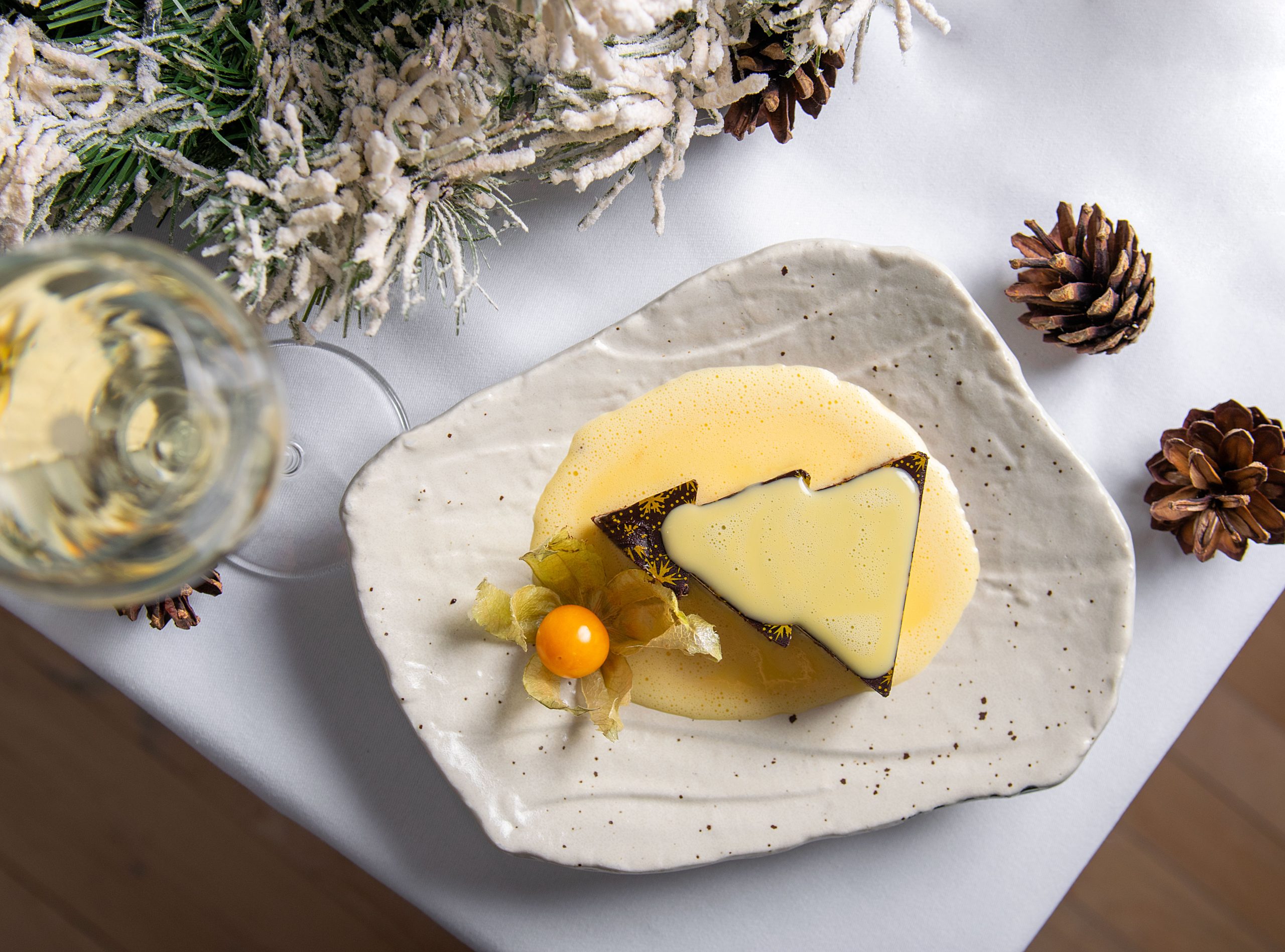 Christmas set menu. Chocolate dessert. Christmas Tree dessert with custard.