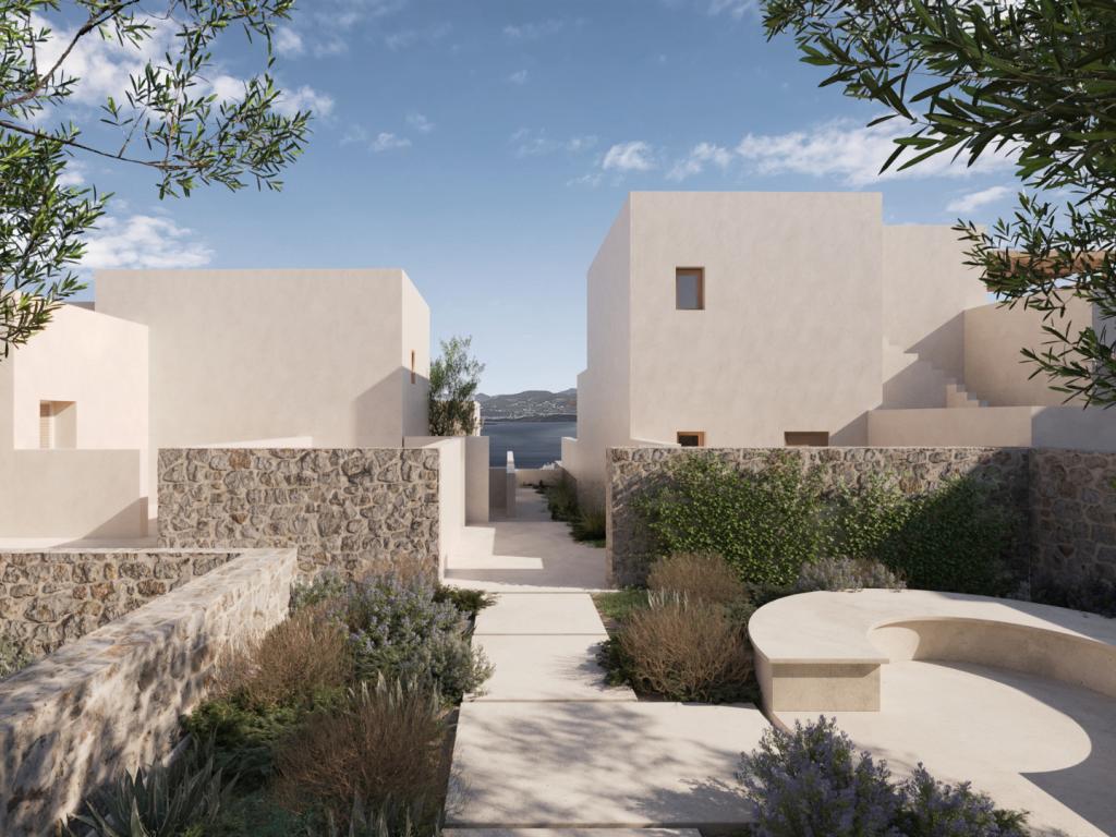 Render of Luura Paros Cliff buildings with view of the sea