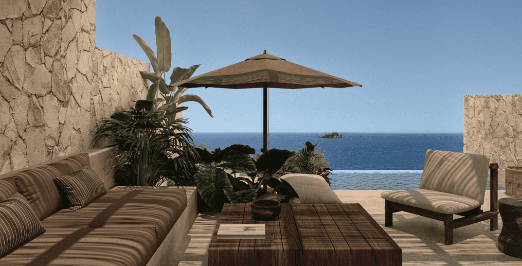 Terrace of suite looking out the sea with sunken sofa and parasol