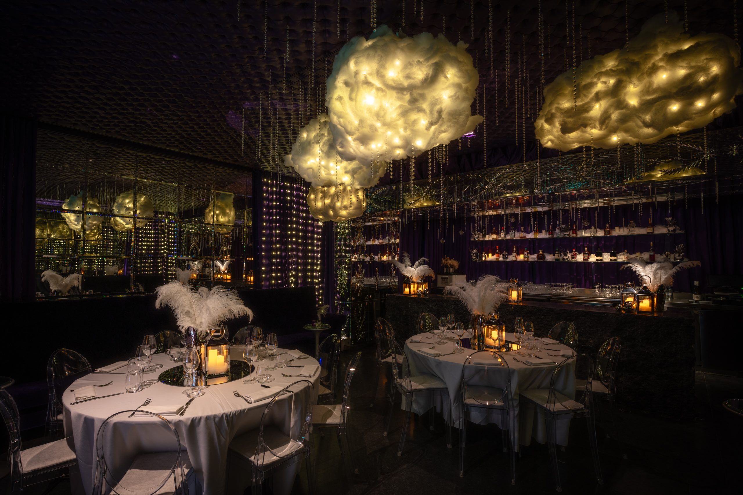 Purple Bar Festive Season. Step into a star-lit celebration high above the clouds as Purple Bar transforms into an ethereal night sky this festive season. In partnership with Grey Goose, The Winter Soirée brings a dreamy, atmospheric world of shimmer, shadow and wonder to Sanderson London. Midnight blues, dusky purples, silver accents and moonlit whites set the stage for a sophisticated take on holiday dazzle, where festive glamour meets elegance.