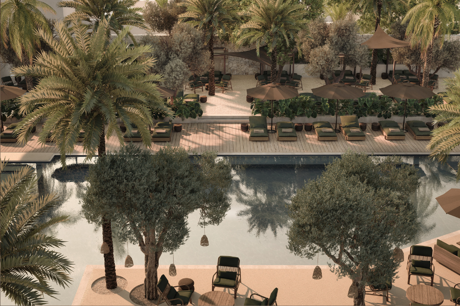 Luura pool with trees and sunloungers lining the edge