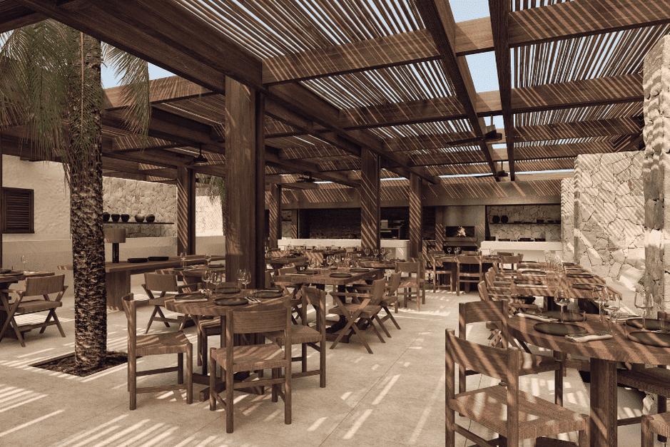 La Cantine restaurant with wooden tables, brown chairs and a slatted roof