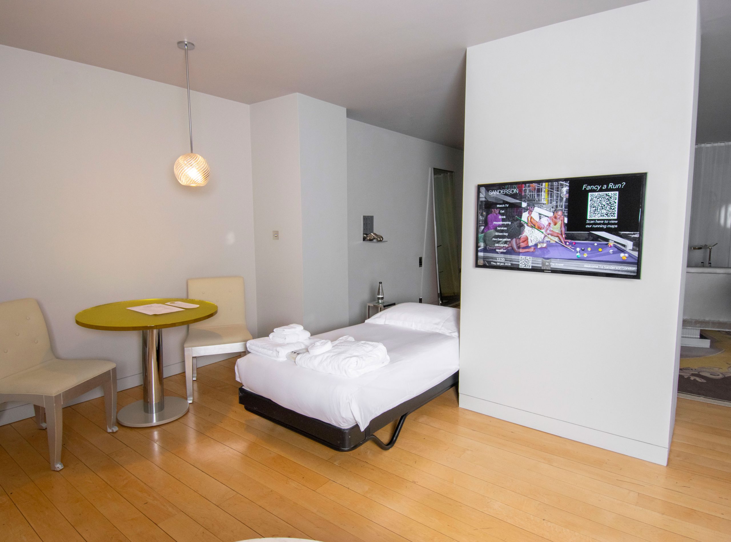 Loft Suite at Sanderson London. In-room extras. Yoga mat and blocks. Marshall speaker. Pull out bed. Dyson hairdryer.