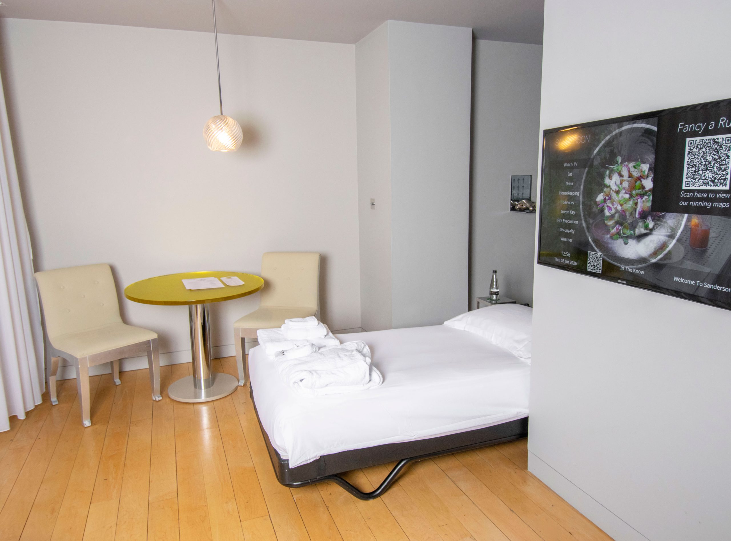 Loft Suite at Sanderson London. In-room extras. Yoga mat and blocks. Marshall speaker. Pull out bed. Dyson hairdryer.